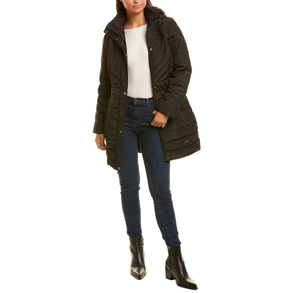 Kenneth Cole Women's Quilted Puffer Jacket with Faux Fur Trimmed Hood Size XS